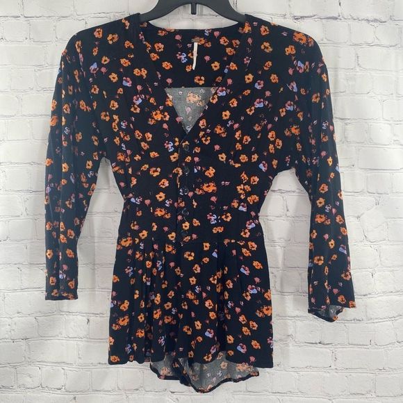 Free People L’Amour Printed Romper Black Long Sleeve Size 0 - Picture 2 of 9